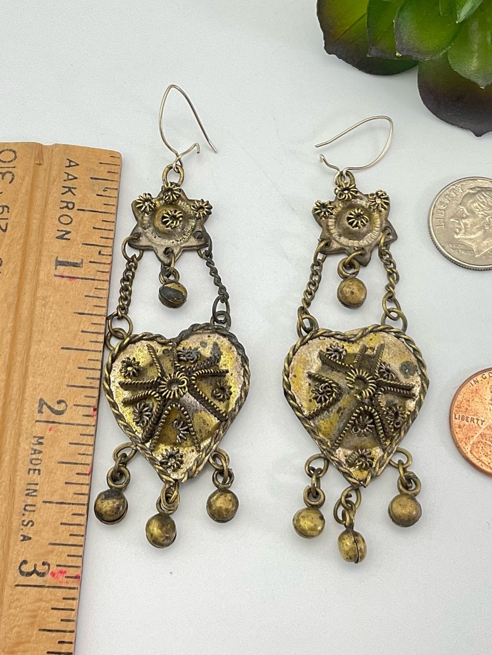Vintage Heart & Star Chandelier Earrings, Brass, India, BoHo Festival - Picture 7 of 9